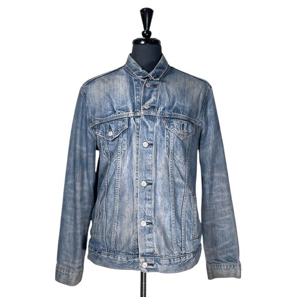 Levi's Denim Jacket Men's Blue Distressed Trucker Red Tab 100% Cotton Size Large - Picture 1 of 12